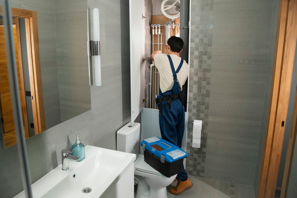 Fontanero trabajando en un baño con su caja de herramientas