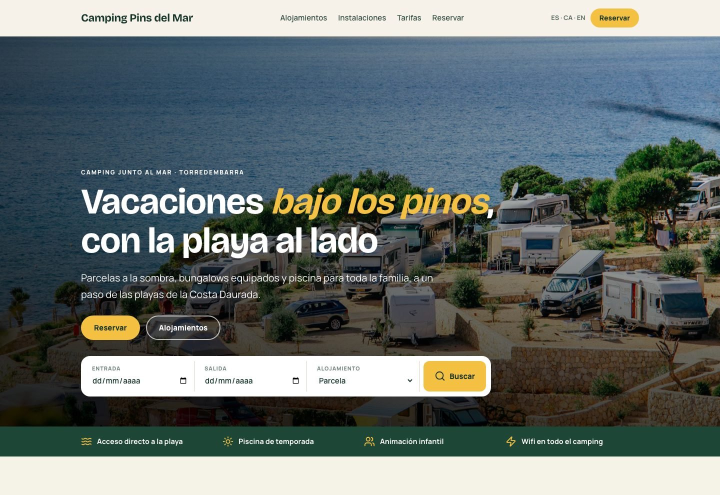 Portada de la web de Camping Pins del Mar