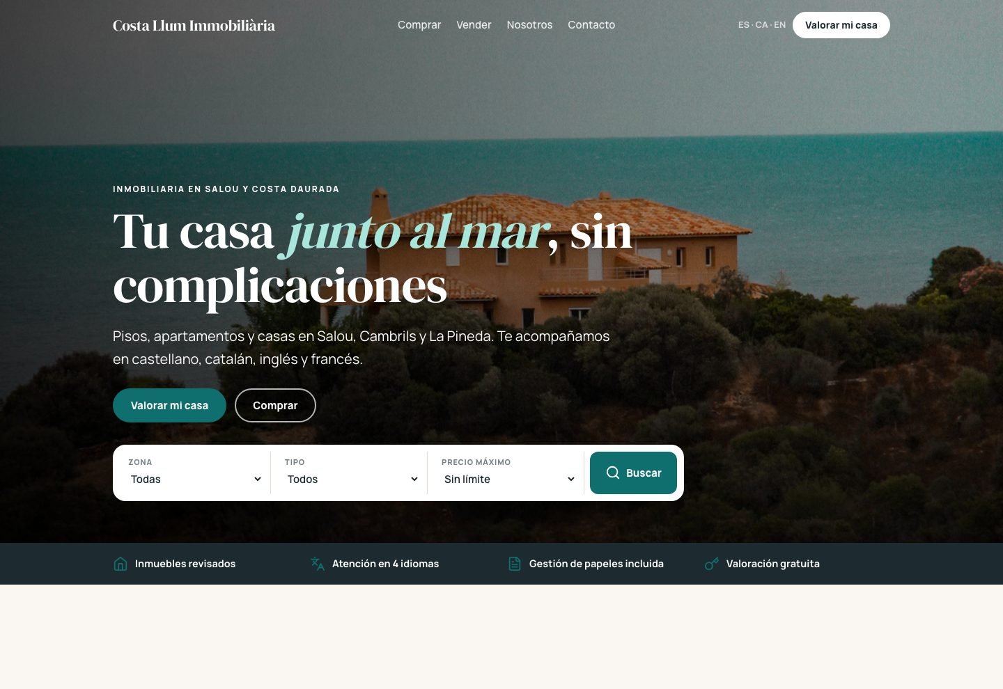Portada de la web de Costa Llum Immobiliària